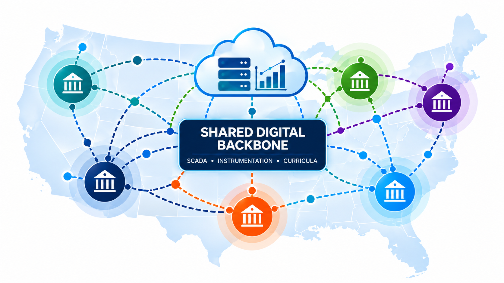 Illustrative map of United States training sites connected by shared digital infrastructure, with equipment distributed across the network.